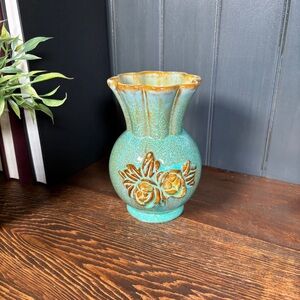 Vintage Clarice Cliff Pottery Vase Turquoise Glaze Floral Relief Art Pottery